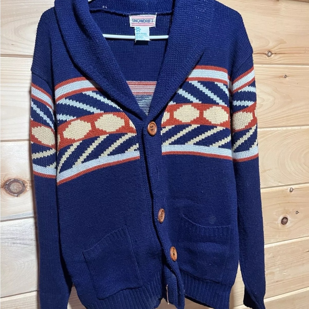 Orange and Blue Cardigan Sweater with Geometric Pattern